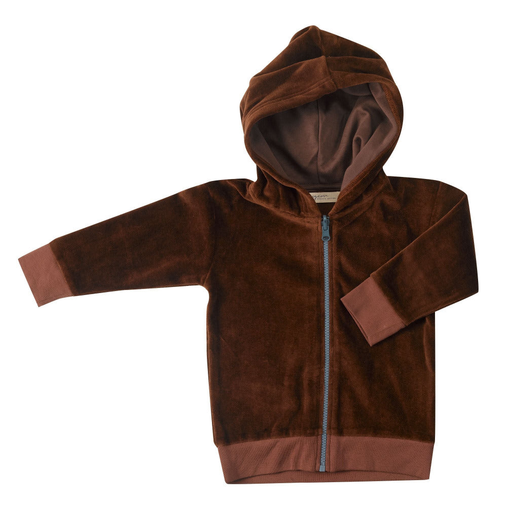 Bellissima felpa cardigan in velour di n cotone organico biologico color marrone.  Questo cardigan è provvisto di cappuccio e apertura frontale tramite zip.