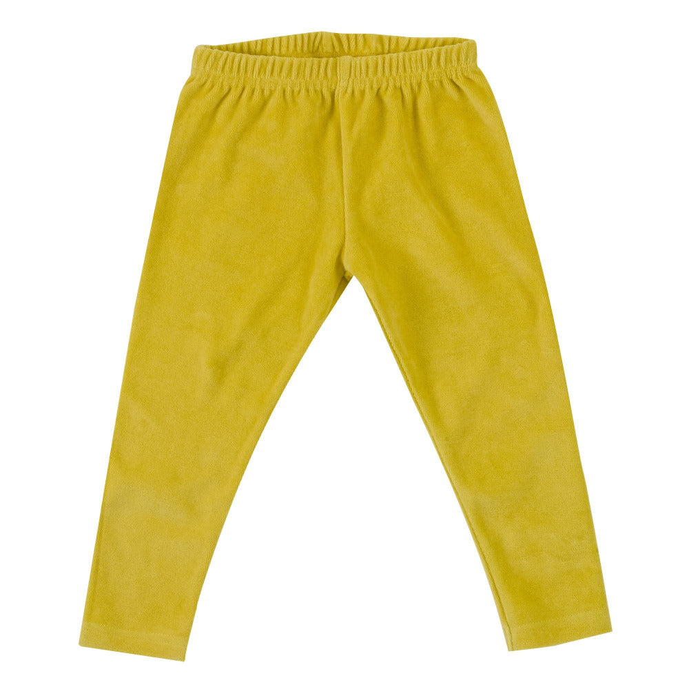 Bellissimo pantalone in velour elasticizzato, in cotone organico biologico color giallo limone.