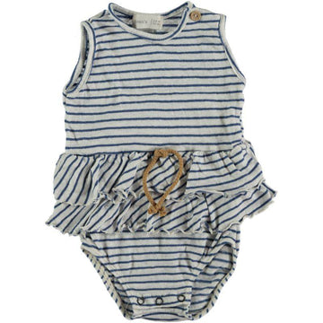 Body smanicato neonata in lino e cotone - righine blu
